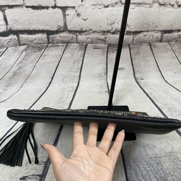 Cleobella Clutch embellished Black Leather Tassel Closure 12 X 10‎ Boho - Picture 4 of 16